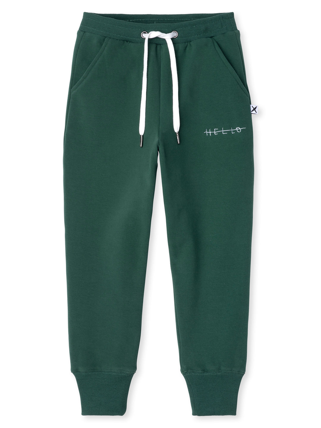 Minti kids clothing. Straight leg trackies with rounded front pockets, elastic waistband, shoelace ties, 2x2 rib cuffs and a small embroidery on the front. 330 Gram // Brushed Inside // 95% Cotton // 5% Elastane.