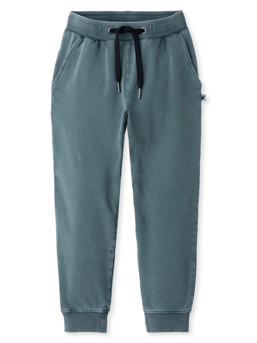 Minti kids clothing. Relaxed leg trackies featuring an elasticated waistband, front pockets, shoestring cord and one back pocket with a Minti embroidery. Gusset panel through the inner leg for extra comfort and easy movement. 260 Gram // 95% Cotton // 5% Elastane.