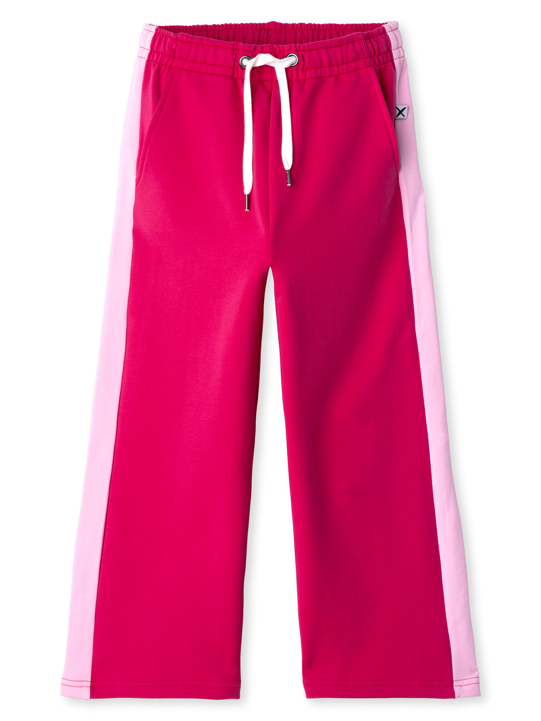 Minti kids clothing. Super relaxed fit wide leg trackies with cool contrast side panel. Elasticated waistband with shoelace cord, and front pockets to keep hands warm. Small Minti embroidery on the back. 320 Gram // 95% Cotton // 5% Elastane.