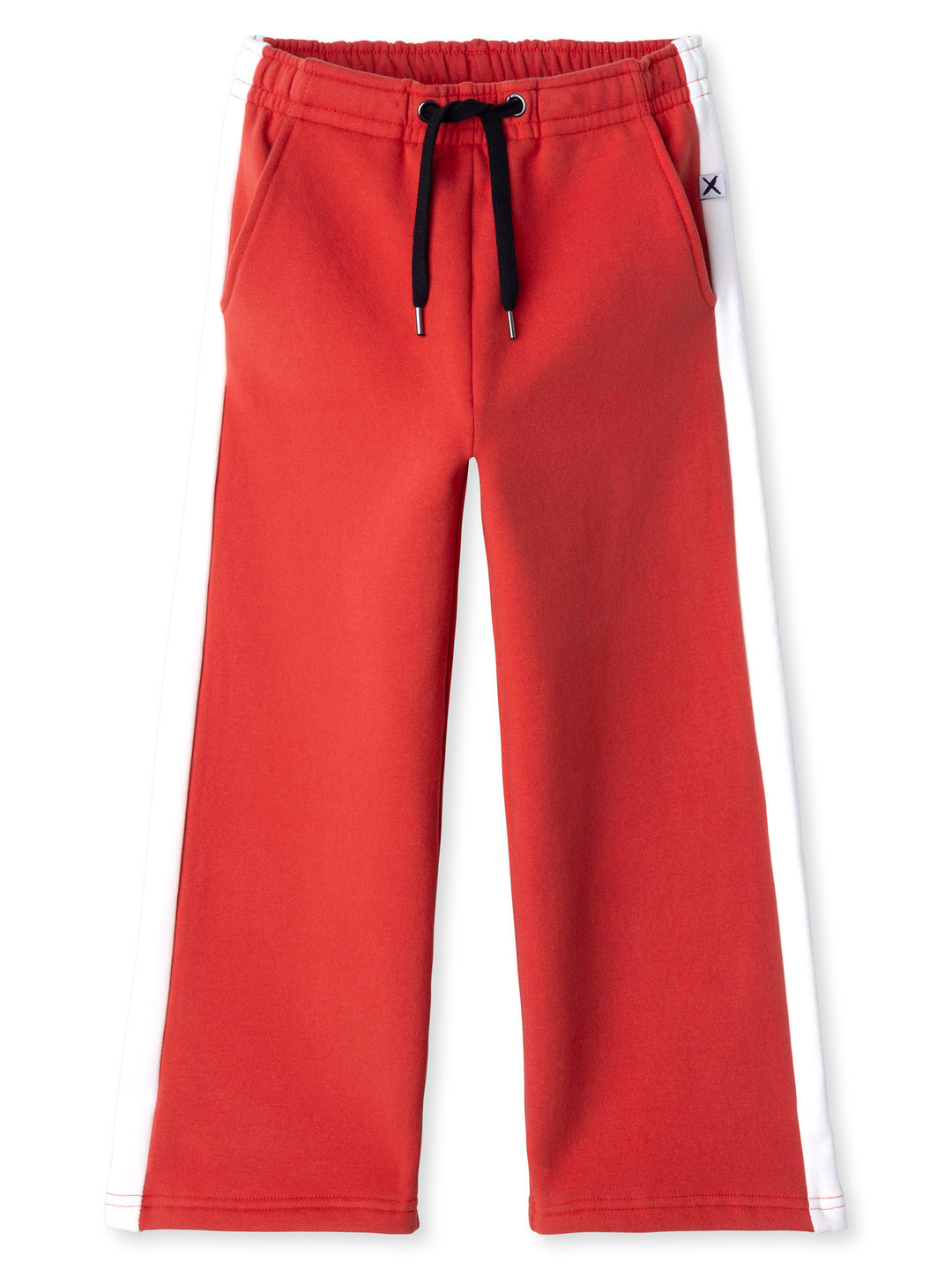 Minti kids clothing. Super relaxed fit wide leg trackies with cool contrast side panel. Elasticated waistband with shoelace cord, and front pockets to keep hands warm. Small Minti embroidery on the back. 330 Gram // Brushed Inside // 95% Cotton // 5% Elastane.