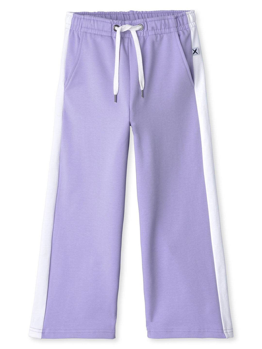 Minti kids clothing. Super relaxed fit wide leg trackies with cool contrast side panel. Elasticated waistband with shoelace cord, and front pockets to keep hands warm. Small Minti embroidery on the back. 320 Gram // 95% Cotton // 5% Elastane.