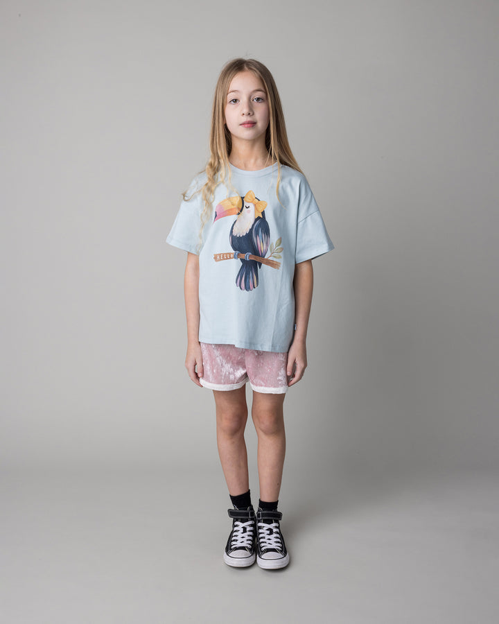 Kid wearing the Hello Toucan Tee in light blue with the Velvet Runner Short in blush and cream, front view