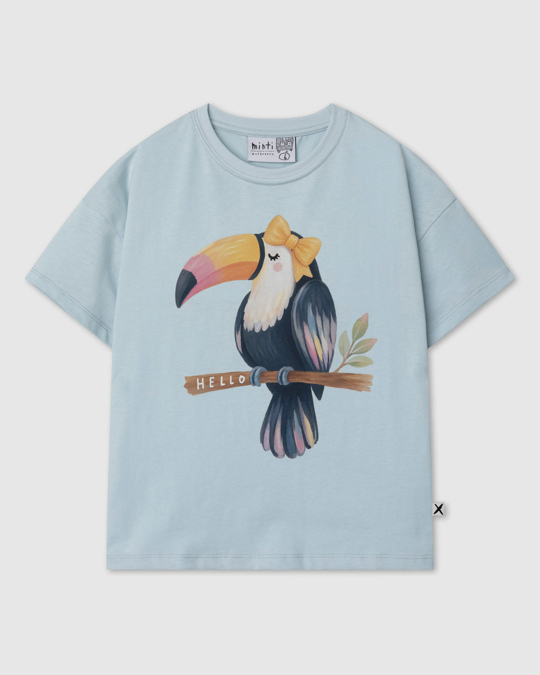 Hello Toucan Tee in light blue, girls t shirt by Minti, flat lay