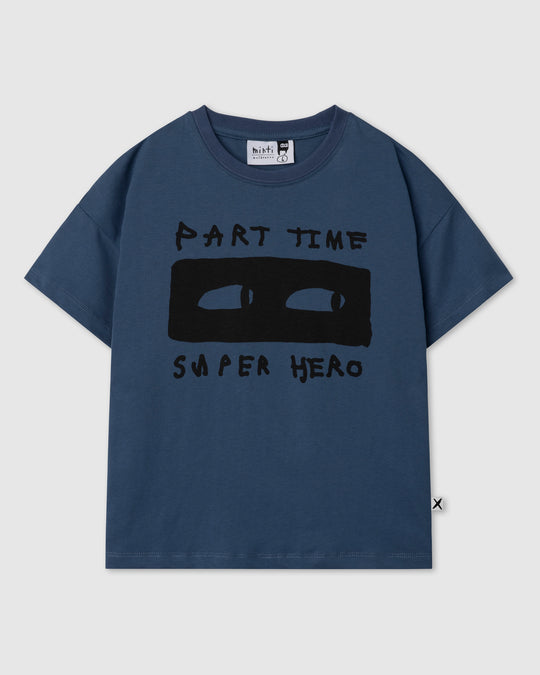 Part Time Super Hero Tee in midnight, boys t shirt by Minti, flat lay