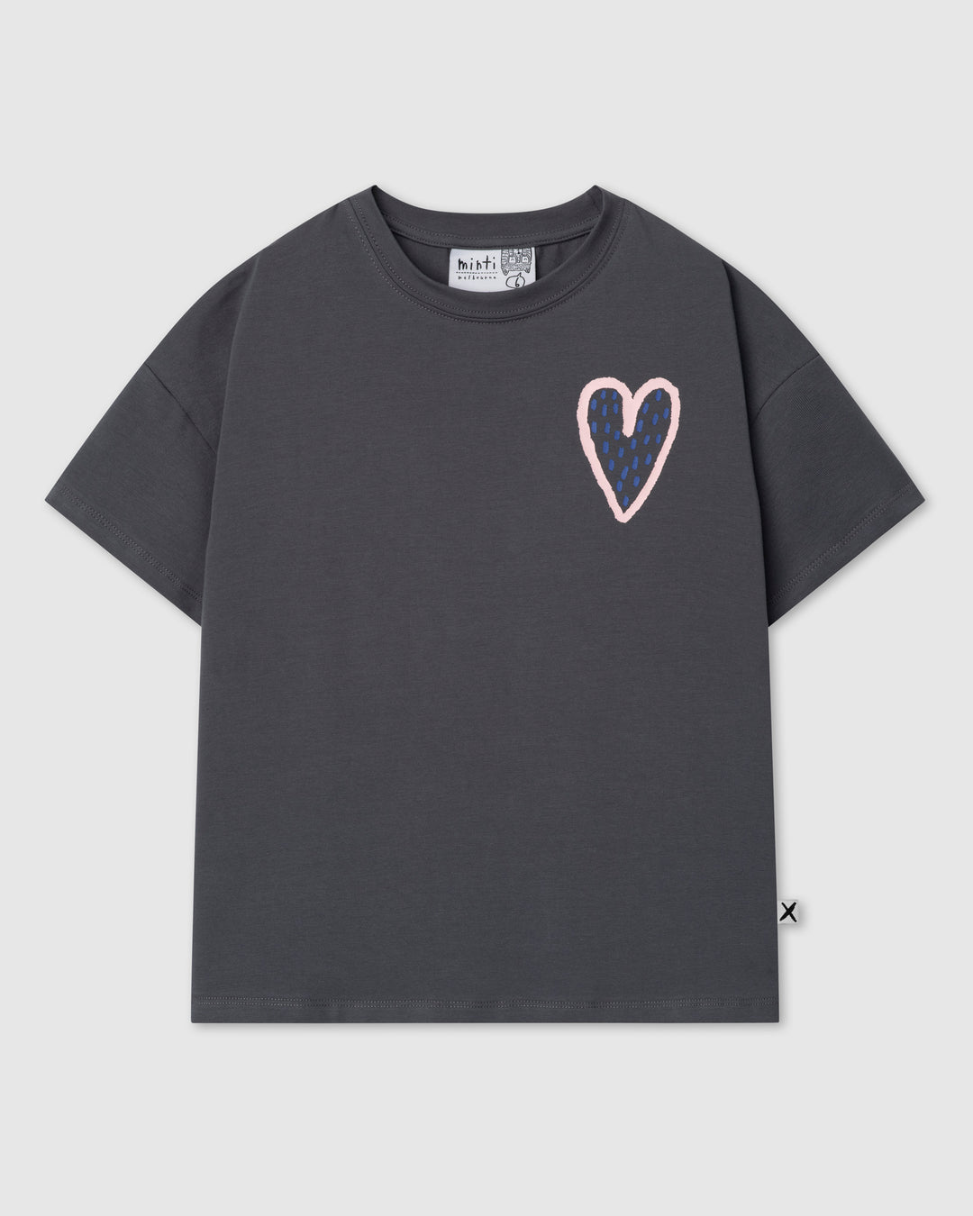 Speckle Heart Tee in dark grey, girls t shirt by Minti, flat lay
