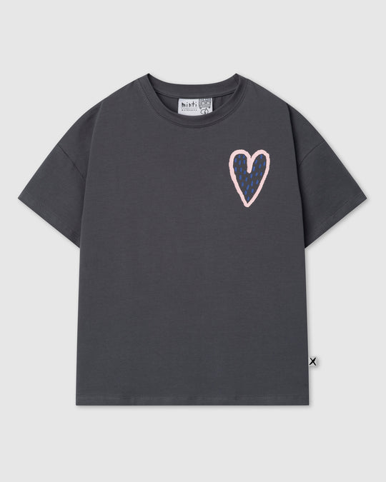 Speckle Heart Tee in dark grey, girls t shirt by Minti, flat lay