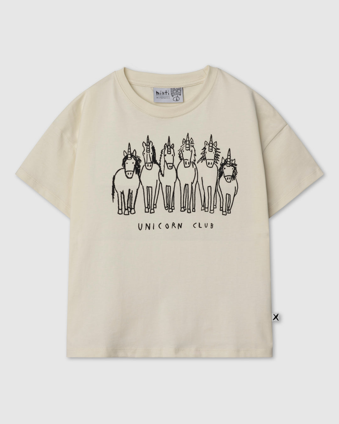 Unicorn Club Tee in cream, girls t shirt by Minti, flat lay