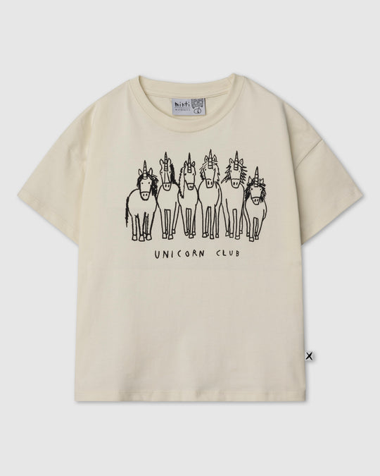 Unicorn Club Tee in cream, girls t shirt by Minti, flat lay
