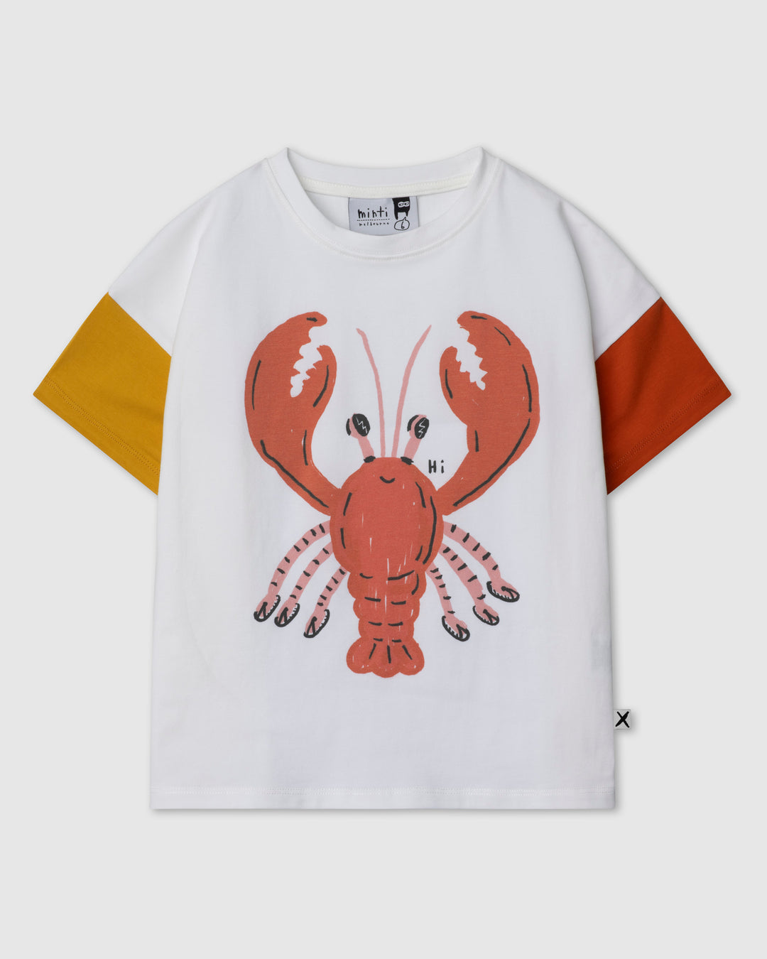 Vacay Crayfish Tee in off white and mustard and orange, boys t shirt by Minti, flat lay