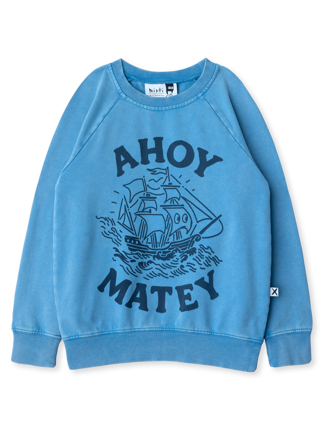 Minti kids clothing. Comfy lightweight raglan crew in super cool washed terry. 260 Gram // 95% Cotton // 5% Elastane.