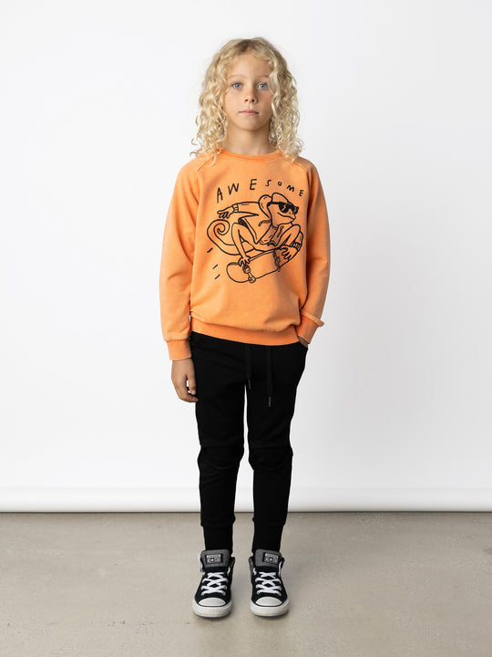 Minti kids clothing. Comfy lightweight raglan crew in super cool washed terry. 260 Gram // 95% Cotton // 5% Elastane.
