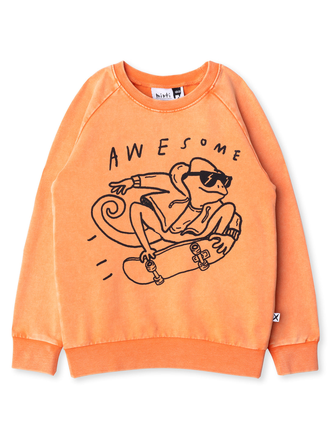 Minti kids clothing. Comfy lightweight raglan crew in super cool washed terry. 260 Gram // 95% Cotton // 5% Elastane.