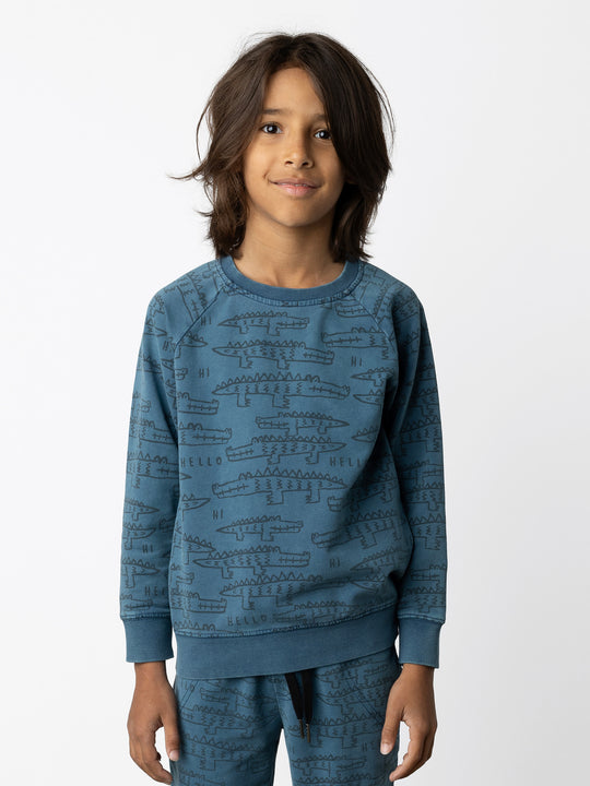 Minti kids clothing. Comfy lightweight raglan crew in super cool washed terry. 260 Gram // 95% Cotton // 5% Elastane.