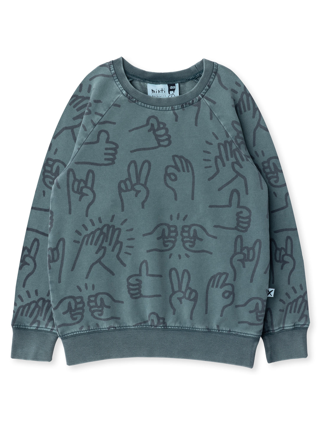 Minti kids clothing. Comfy lightweight raglan crew in super cool washed terry. 260 Gram // 95% Cotton // 5% Elastane.