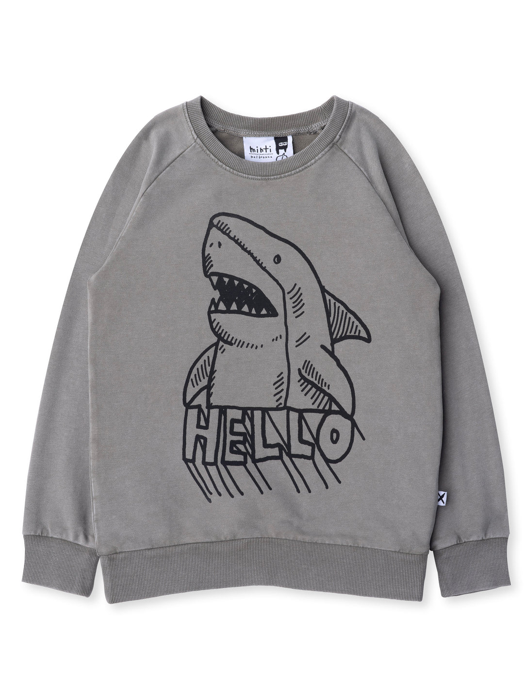 Minti kids clothing. Comfy lightweight raglan crew in super cool washed terry. 260 Gram // 95% Cotton // 5% Elastane.