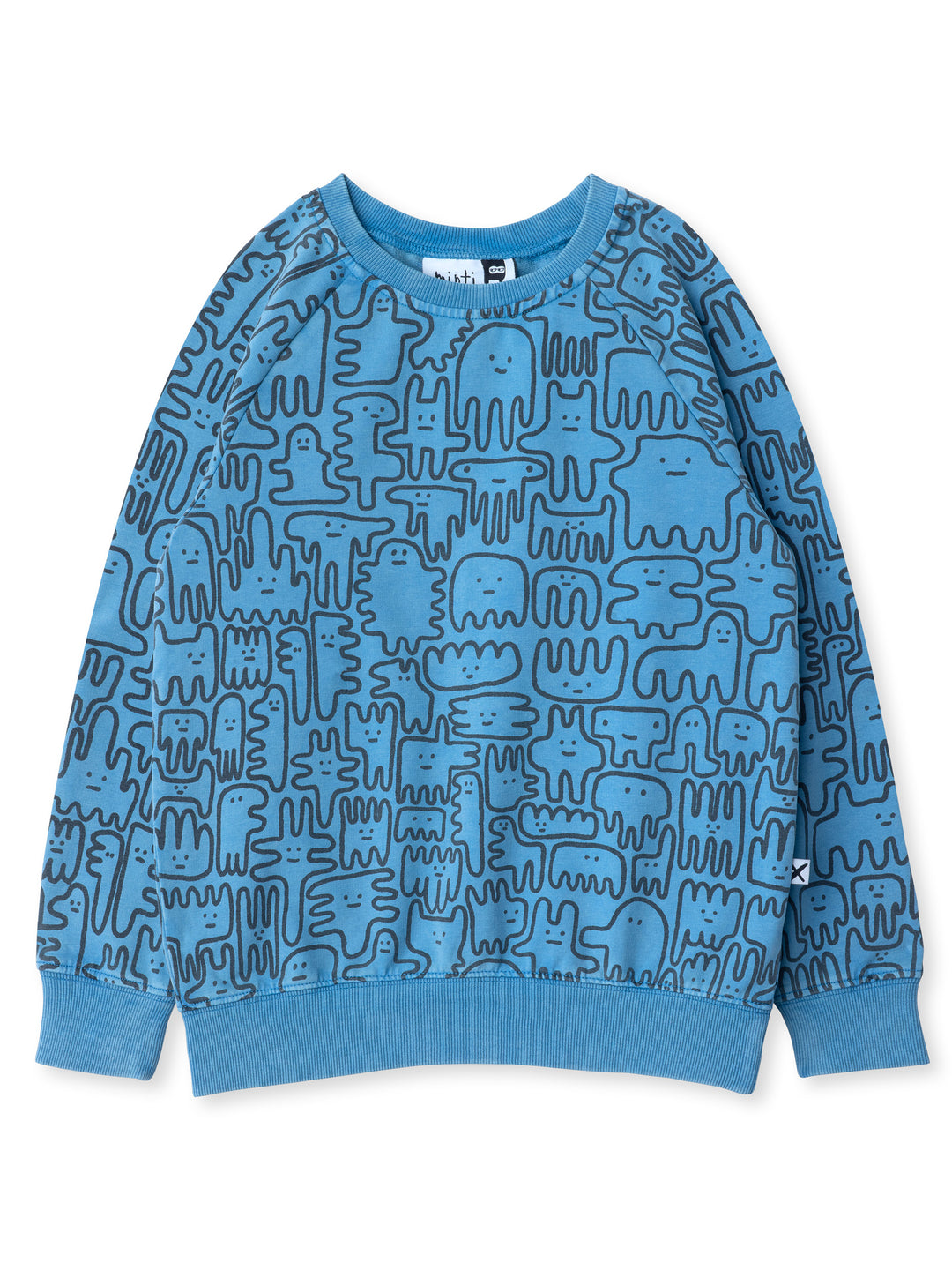 Minti kids clothing. Comfy lightweight raglan crew in super cool washed terry. 260 Gram // 95% Cotton // 5% Elastane.
