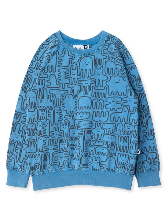 Minti kids clothing. Comfy lightweight raglan crew in super cool washed terry. 260 Gram // 95% Cotton // 5% Elastane.