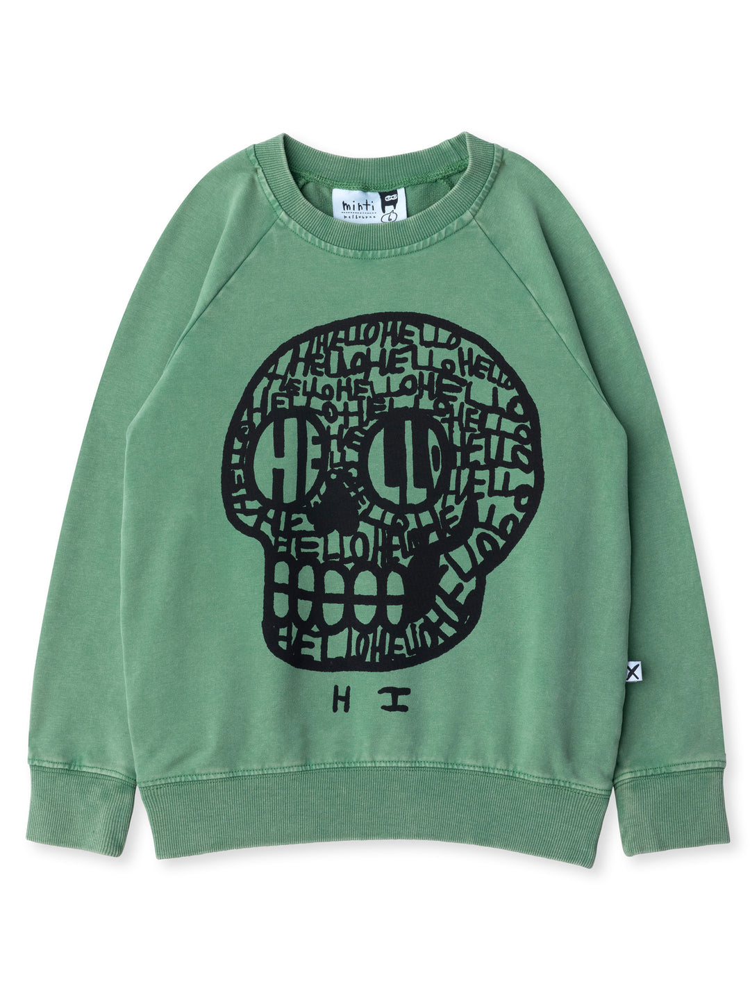 Minti kids clothing. Comfy lightweight raglan crew in super cool washed terry. 260 Gram // 95% Cotton // 5% Elastane.