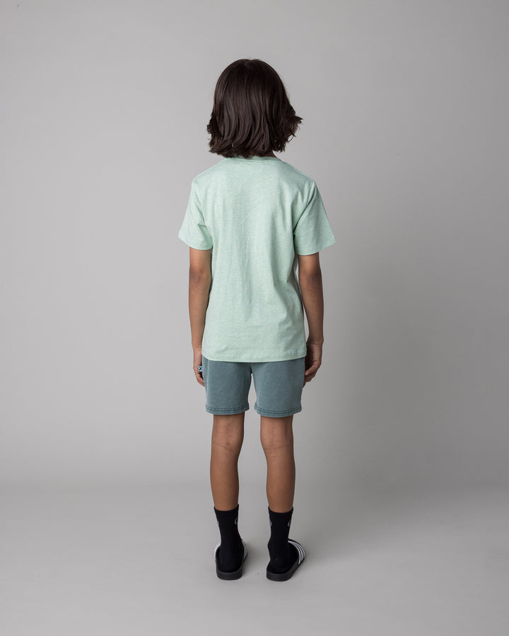 Kid wearing the Fast Panda Tee in green marle with the Blasted Track Short in forest wash, back view