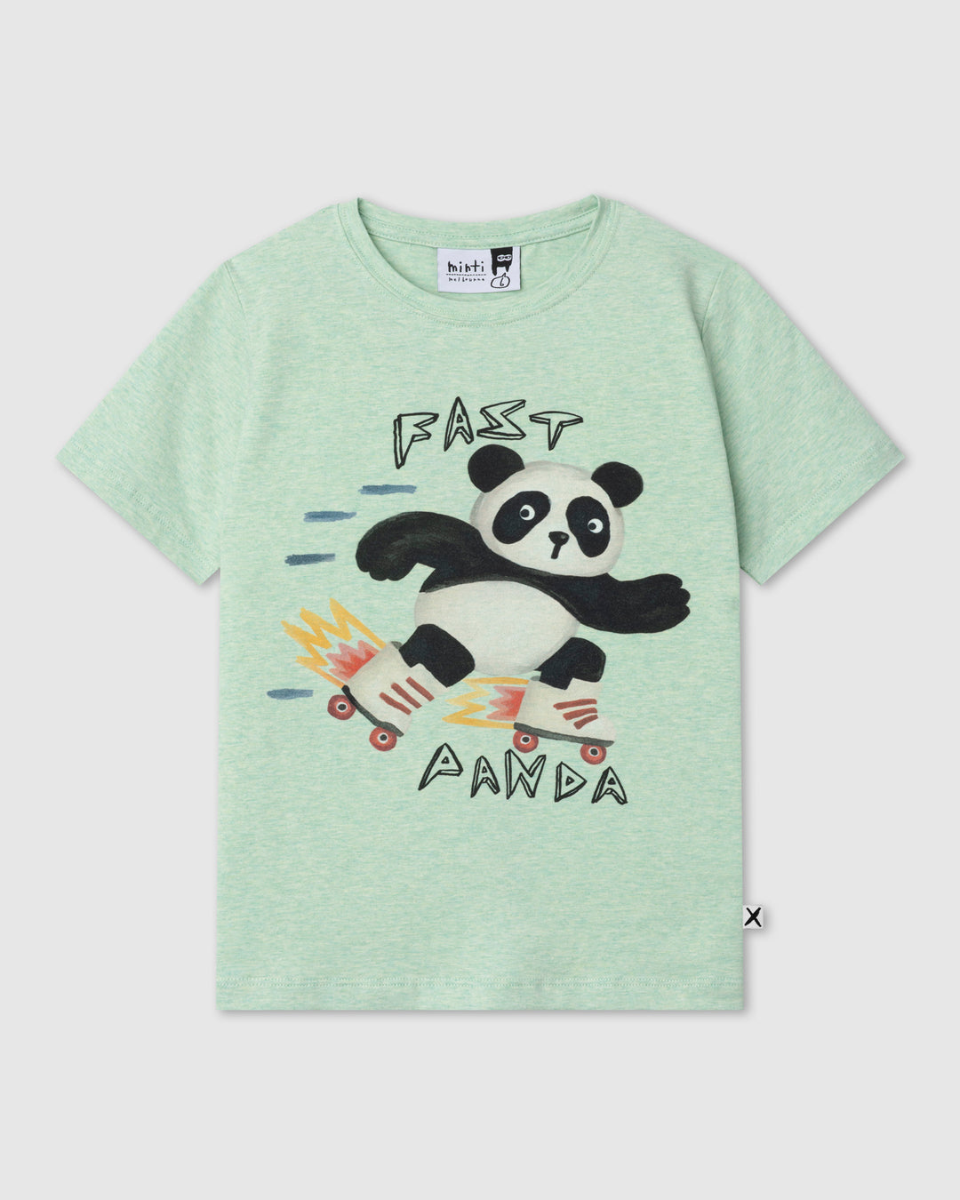 Fast Panda Tee in green marle, boys t shirt by Minti, flat lay