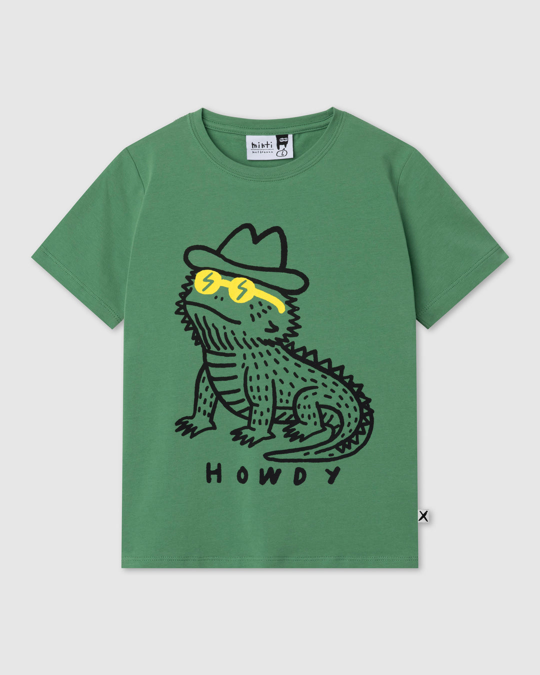 Howdy Lizard Tee in turf, boys t shirt by Minti, flat lay