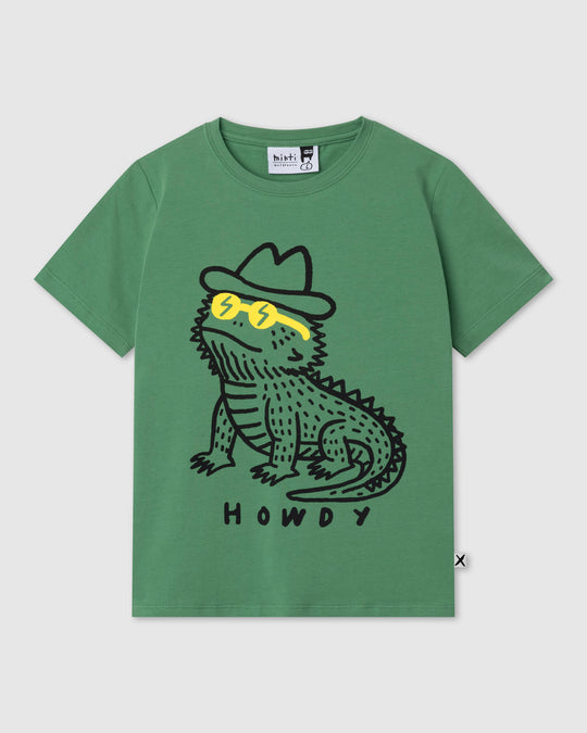 Howdy Lizard Tee in turf, boys t shirt by Minti, flat lay