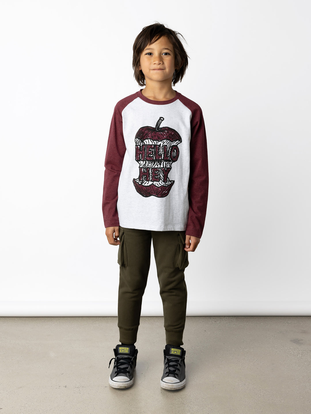 Minti kids clothing. Luxe raglan tee with contrast sleeves and neck. 190 Gram // 95% Cotton // 5% Elastane.