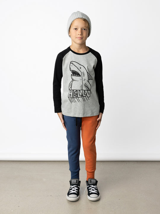Minti kids clothing. Luxe raglan tee with contrast sleeves and neck. 190 Gram // 95% Cotton // 5% Elastane.