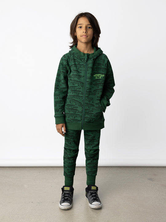 Minti kids clothing. Cosy zip through hoodie with kangaroo pockets for extra warmth! 2x2 rib trim on the hood, cuffs and hem. Small Hello Croc embroidery on the front. 330 Gram // Brushed Inside // 95% Cotton // 5% Elastane.