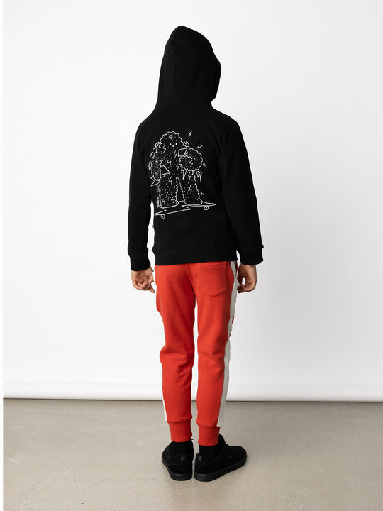 Minti kids clothing. Cosy zip through hoodie with kangaroo pockets for extra warmth! 2x2 rib trim on the hood, cuffs and hem. Small embroidery on the front and big print on the back. 330 Gram // Brushed Inside // 95% Cotton // 5% Elastane.
