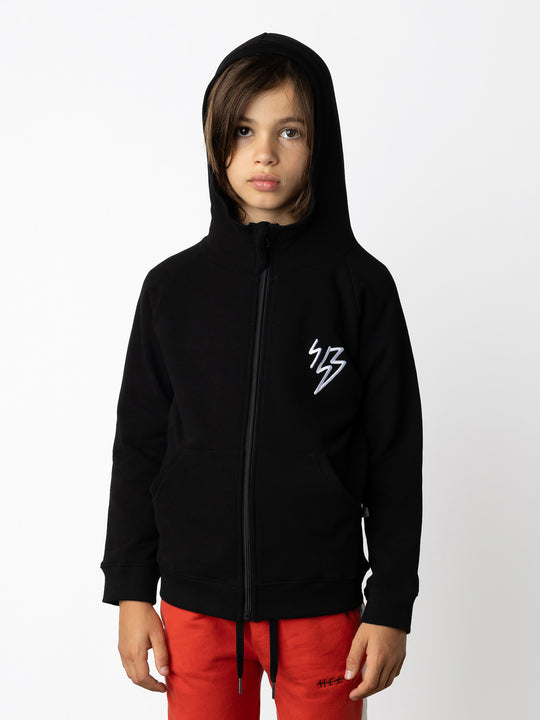 Minti kids clothing. Cosy zip through hoodie with kangaroo pockets for extra warmth! 2x2 rib trim on the hood, cuffs and hem. Small embroidery on the front and big print on the back. 330 Gram // Brushed Inside // 95% Cotton // 5% Elastane.