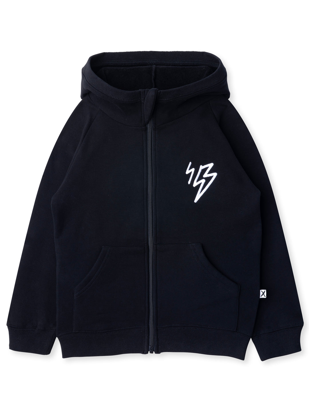 Minti kids clothing. Cosy zip through hoodie with kangaroo pockets for extra warmth! 2x2 rib trim on the hood, cuffs and hem. Small embroidery on the front and big print on the back. 330 Gram // Brushed Inside // 95% Cotton // 5% Elastane.