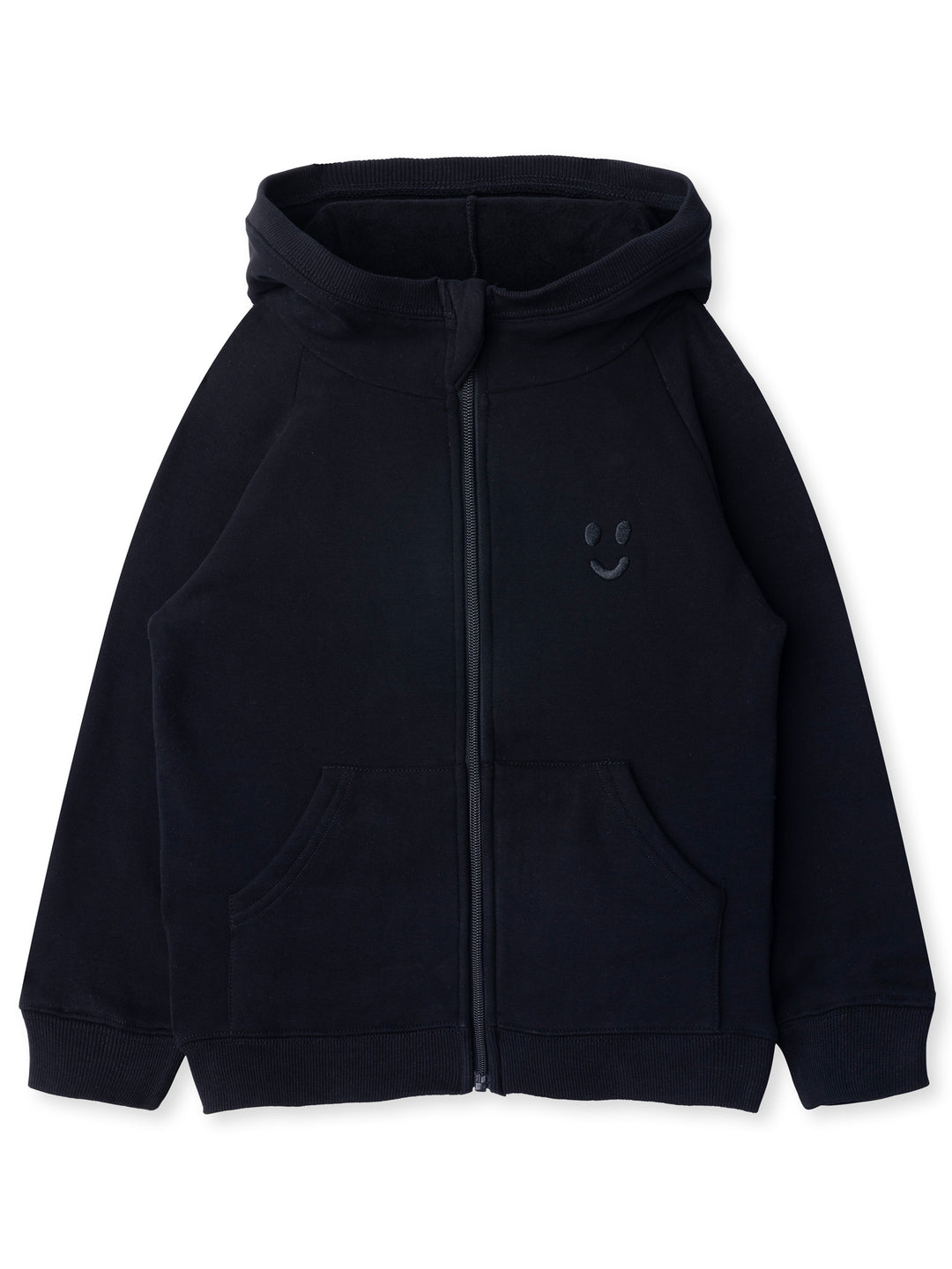 Minti kids clothing. Cosy zip through hoodie with kangaroo pockets for extra warmth! 2x2 rib trim on the hood, cuffs and hem. Small tonal Happy Face embroidery on the front. 330 Gram // Brushed Inside // 95% Cotton // 5% Elastane.