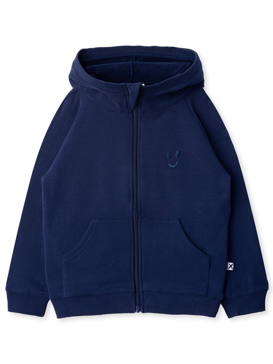 Minti kids clothing. Cosy zip through hoodie with kangaroo pockets for extra warmth! 2x2 rib trim on the hood, cuffs and hem. Small tonal Happy Face embroidery on the front. 330 Gram // Brushed Inside // 95% Cotton // 5% Elastane.