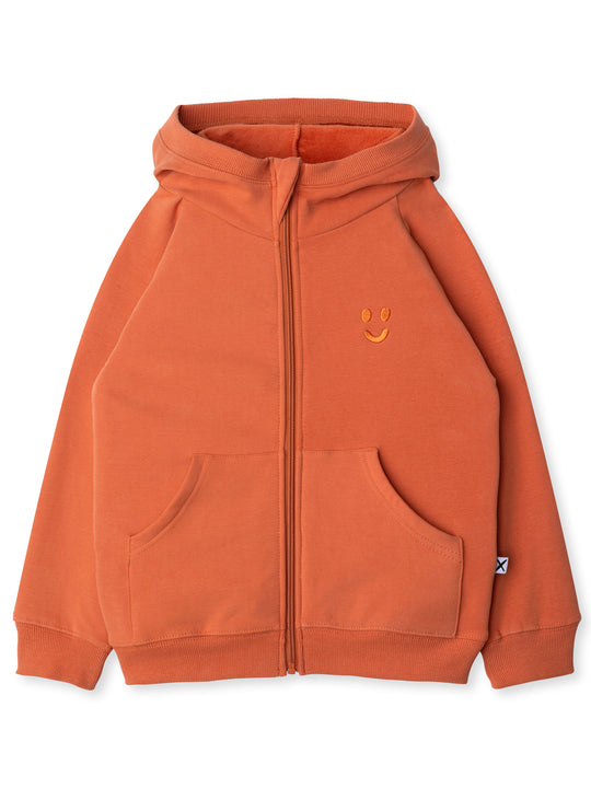 Minti kids clothing. Cosy zip through hoodie with kangaroo pockets for extra warmth! 2x2 rib trim on the hood, cuffs and hem. Small tonal Happy Face embroidery on the front. 330 Gram // Brushed Inside // 95% Cotton // 5% Elastane.