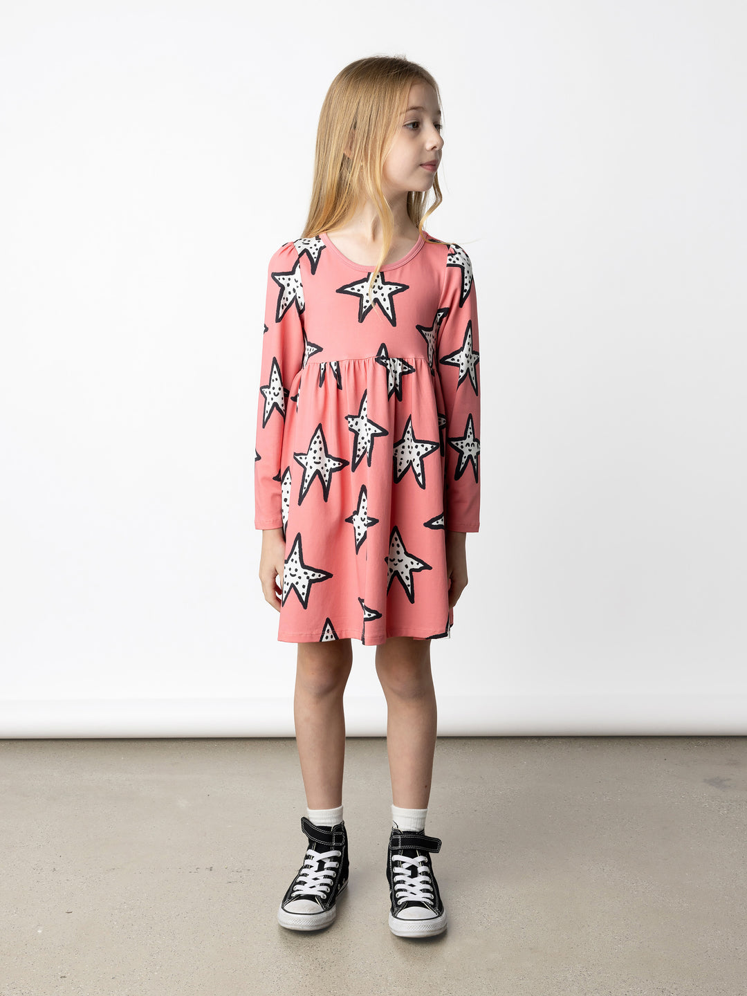 Minti kids clothing. Comfy tshirting weight dress with ruched empire seam. 190 Gram // 95% Cotton // 5% Elastane.