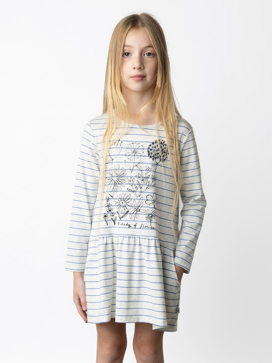 Minti kids clothing. Comfy tshirting weight dress with ruched skirt seam, front pockets and scooped back hem. 180 Gram // 95% Cotton // 5% Elastane.