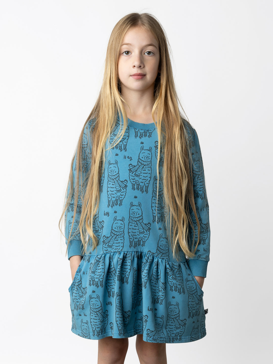 Minti kids clothing. Super cool sweatshirting weight dress with dropped skirt hem, pockets and ruching at the skirt seam. 260 Gram // 95% Cotton // 5% Elastane.
