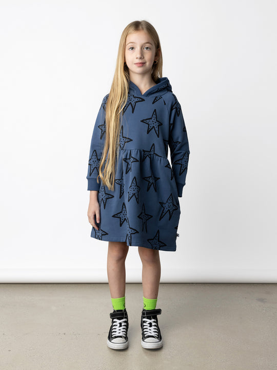 Minti kids clothing. Comfy hoodie dress with empire seam, ruching at the seam and hidden side pockets. 330 Gram // Brushed Inside // 95% Cotton // 5% Elastane.