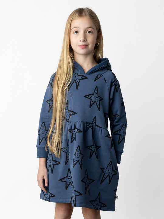 Minti kids clothing. Comfy hoodie dress with empire seam, ruching at the seam and hidden side pockets. 330 Gram // Brushed Inside // 95% Cotton // 5% Elastane.