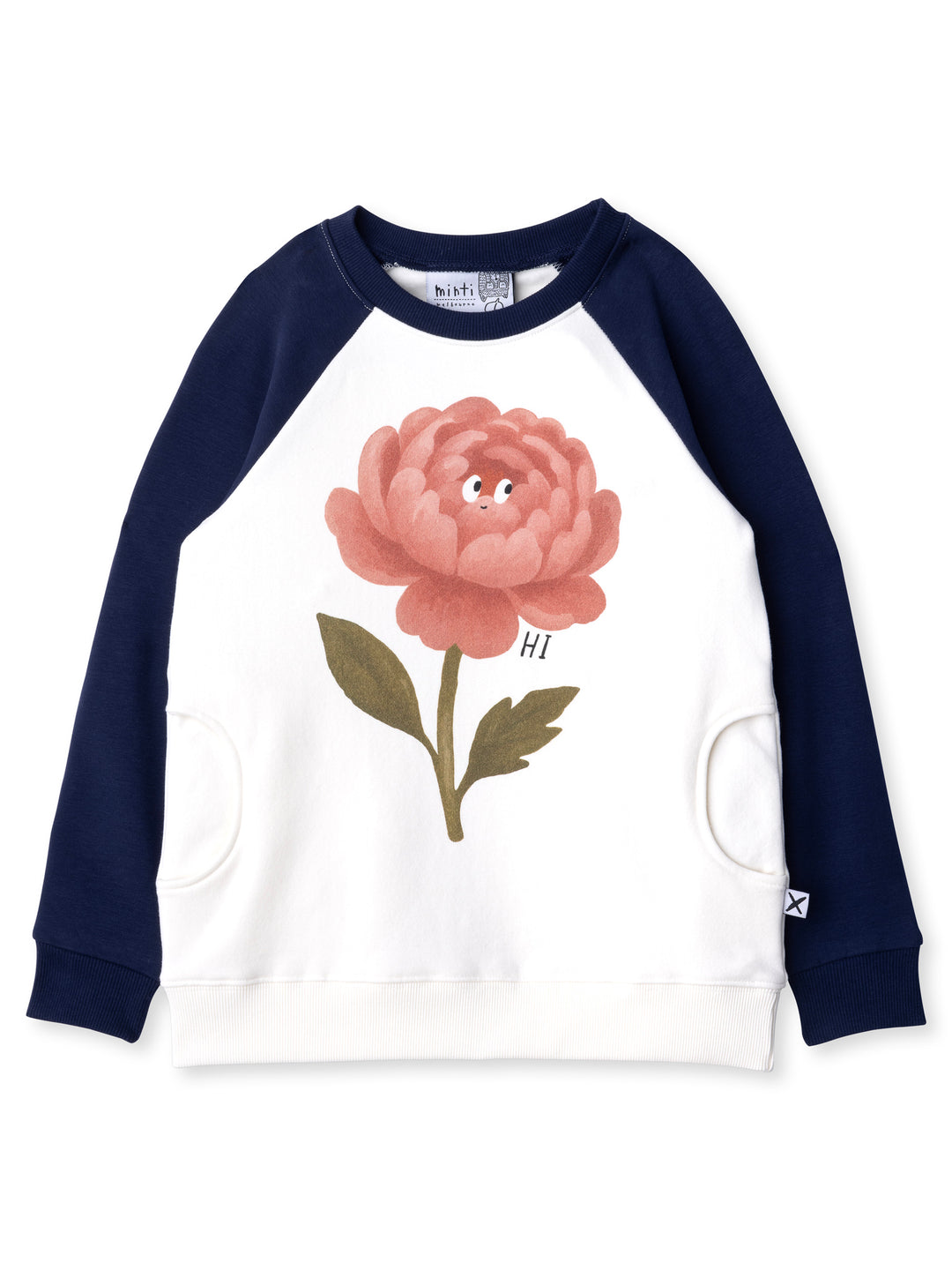 Minti kids clothing. Super comfy crew with rounded side pockets. 330 Gram // Brushed Inside // 95% Cotton // 5% Elastane.