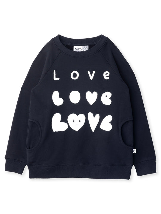 Minti kids clothing. Super comfy crew with rounded side pockets. 330 Gram // Brushed Inside // 95% Cotton // 5% Elastane.