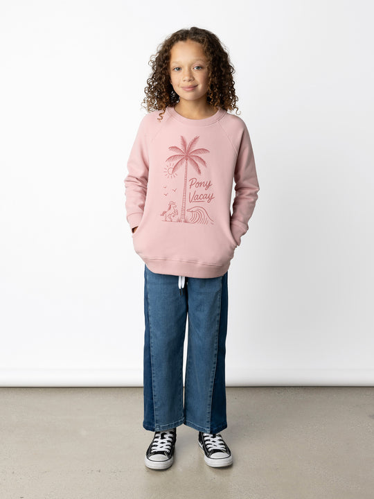 Minti kids clothing. Super comfy crew with rounded side pockets. 330 Gram // Brushed Inside // 95% Cotton // 5% Elastane.