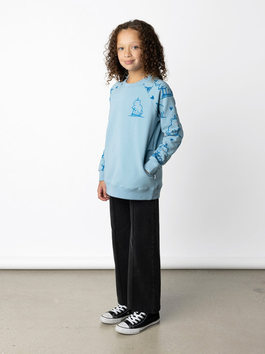 Minti kids clothing. Super comfy crew with rounded side pockets. 330 Gram // Brushed Inside // 95% Cotton // 5% Elastane.