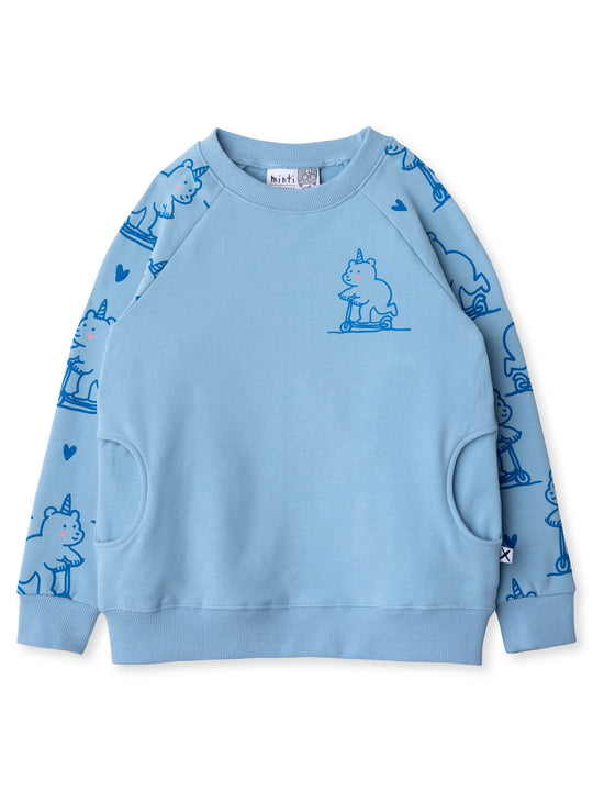 Minti kids clothing. Super comfy crew with rounded side pockets. 330 Gram // Brushed Inside // 95% Cotton // 5% Elastane.