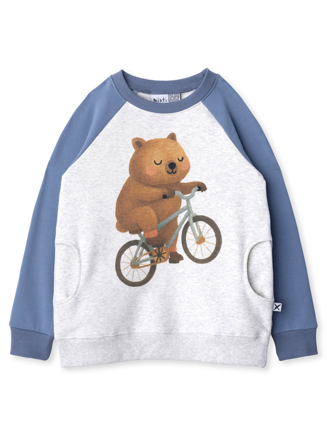 Minti kids clothing. Super comfy crew with rounded side pockets. 330 Gram // Brushed Inside // 95% Cotton // 5% Elastane.