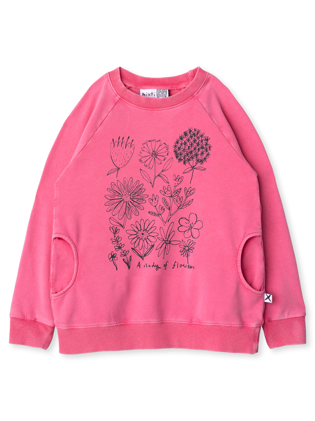 Minti kids clothing. Super comfy crew with rounded side pockets. 260 Gram // 95% Cotton // 5% Elastane.