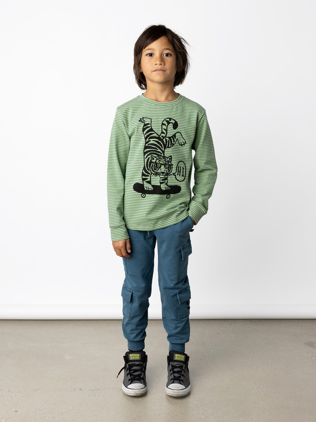 Minti kids clothing. Super luxe tee with self cuffs. 190 Gram // 95% Cotton // 5% Elastane.