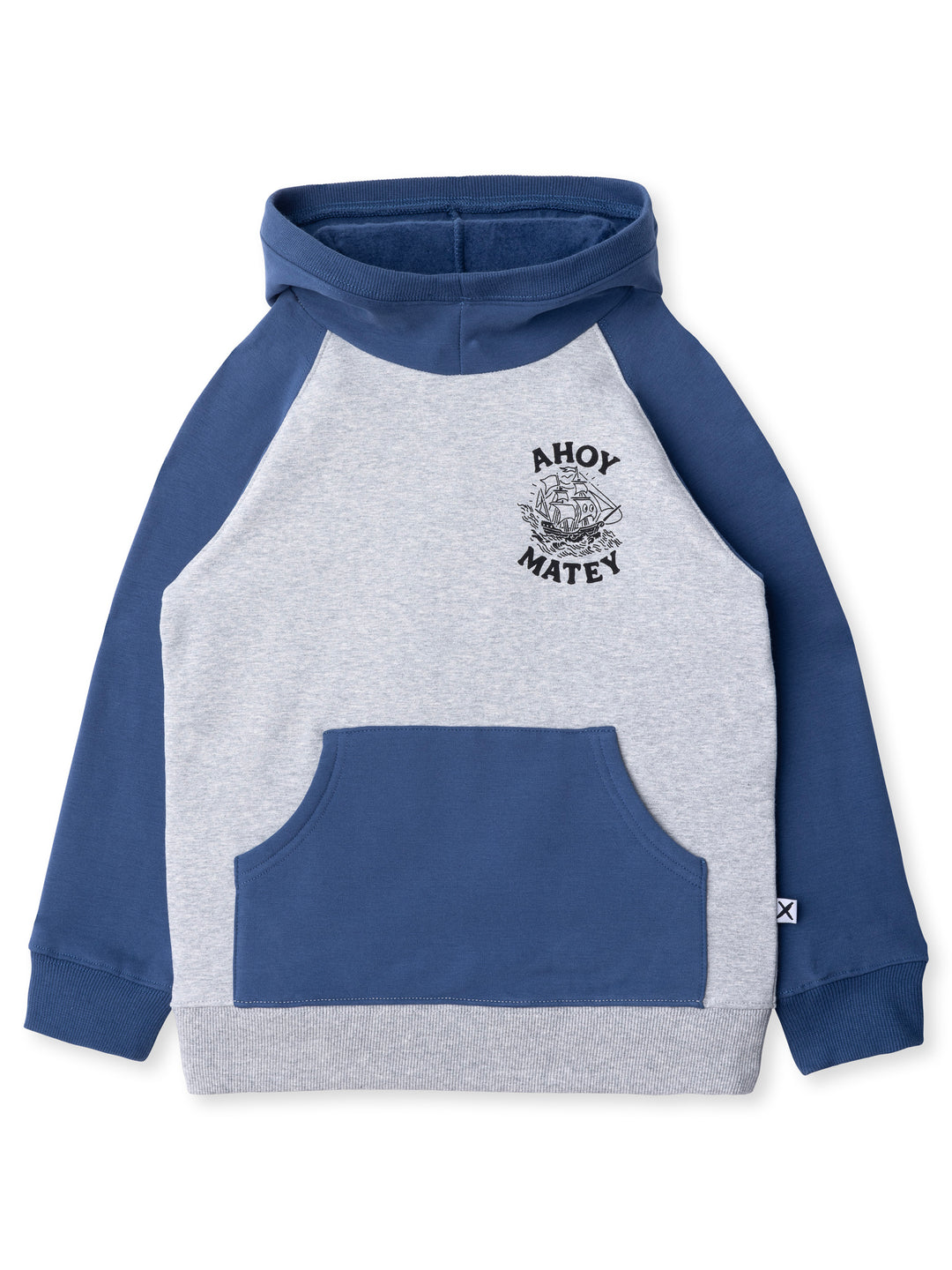 Minti kids clothing. Very comfy hoodie with contrast raglan sleeves and contrast front kangaroo pocket. Small print on the front. 330 Gram // Brushed Inside // 95% Cotton // 5% Elastane.