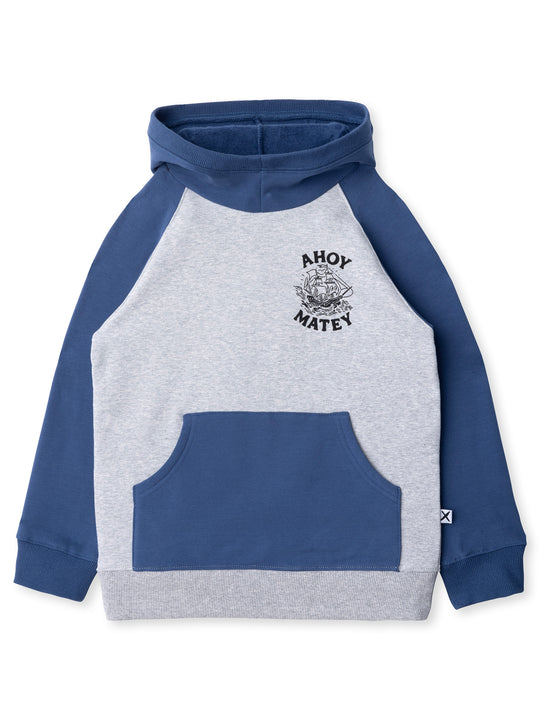 Minti kids clothing. Very comfy hoodie with contrast raglan sleeves and contrast front kangaroo pocket. Small print on the front. 330 Gram // Brushed Inside // 95% Cotton // 5% Elastane.